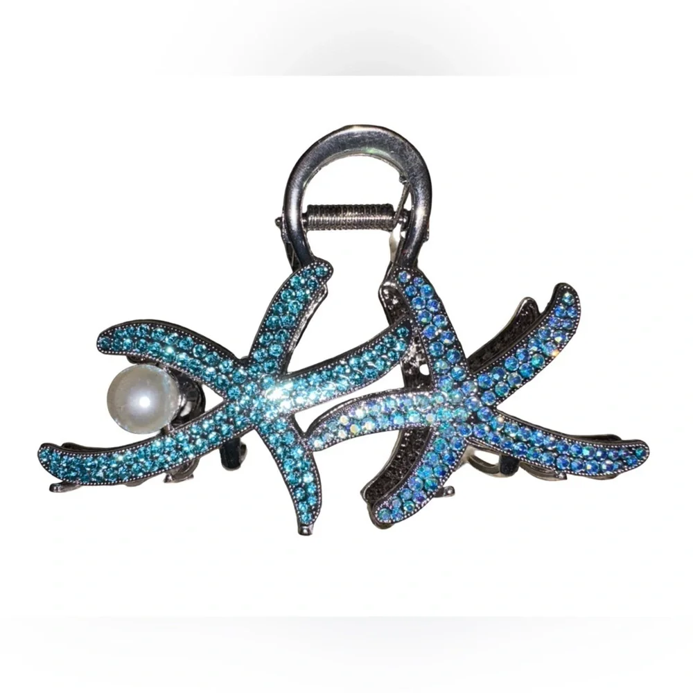 Blue Rhinestone Starfish Hair Claw Clip Pearl Beach Coastal Hair Accessory